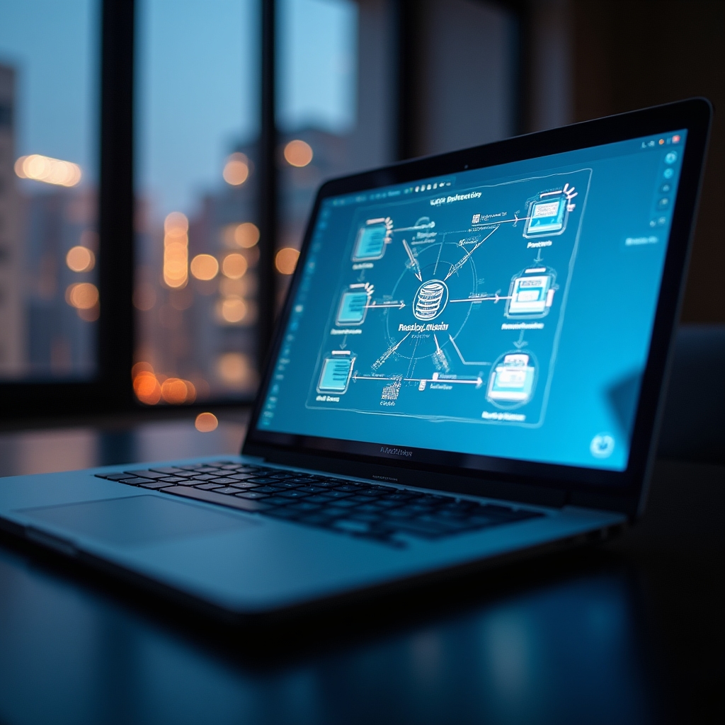 Infrastructură de date vizualizată pe ecran laptop